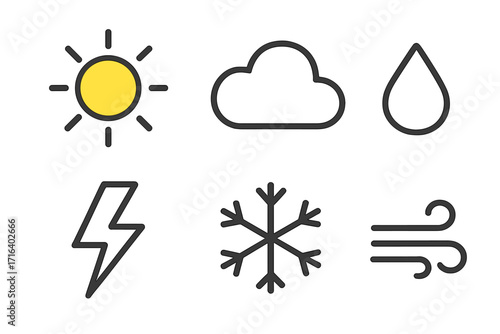 Minimalist weather icons set with sun, cloud, lightning, raindrop, snowflake, and wind symbols, vector cartoon style, transparent background, ordered collection for weather design