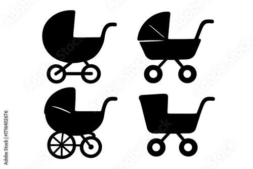 Set of baby carriage silhouettes. Vector icon collection of strollers, prams, and pushchairs. Simple black and white graphic for newborn, infant, and motherhood concepts.