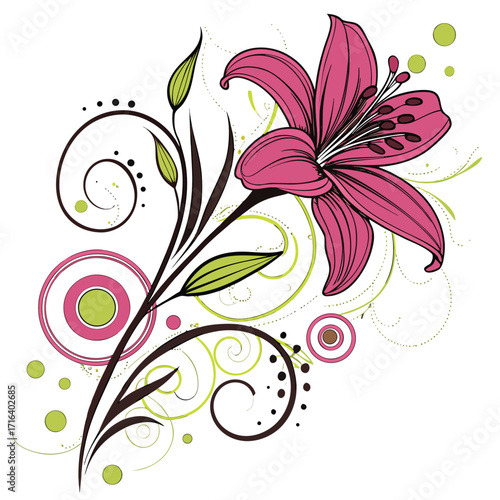 Pink lily flower floral design element decorative swirls Vector illustration Isolated on white background