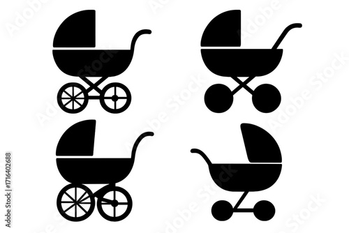 Baby carriage silhouette vector icon set. Stroller and pram collection in simple minimalist style. Graphic elements for newborn, infant, baby shower, and parenting design.