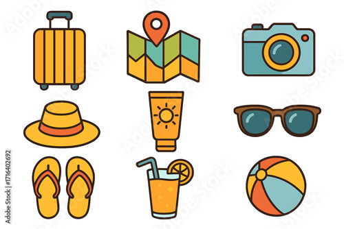 Summer vacation travel essentials icon set. Colorful flat vector cartoon collection. Holiday and beach trip items: luggage, map, camera, hat, sunscreen, flip flops, drink.