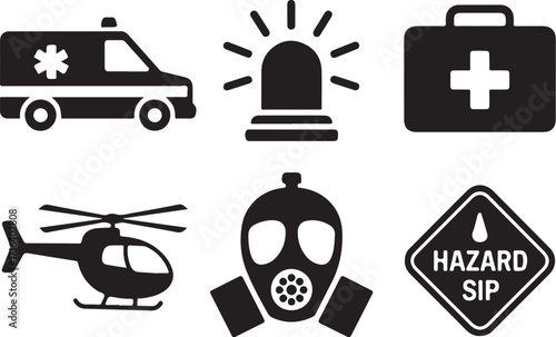 Emergency rescue icons ambulance helicopter gas mask first aid