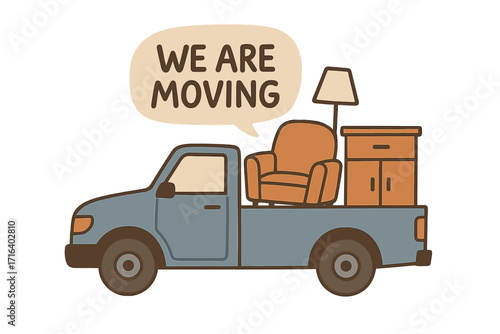 Moving house concept with pickup truck carrying furniture. Relocation service vector illustration. We are moving quote. Car transporting armchair, lamp, cupboard for new home.