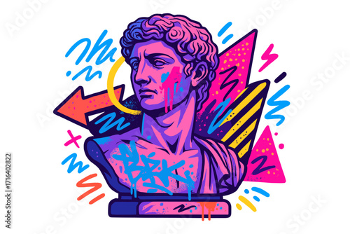 Retrowave design with ancient statue bust and urban graffiti street art. 80s 90s synthwave aesthetic, classical Greek sculpture mixed media collage with vibrant neon colors.