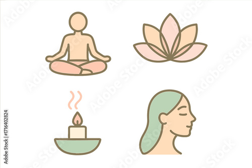Minimalist yoga and meditation icons set with pastel colors, wellness and relaxation symbols, lotus flower, burning candle, calm female face, vector cartoon illustration collection