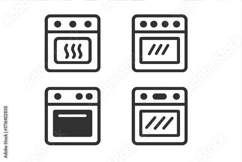 Oven line icon set. Kitchen stove outline symbols. Minimalist cooking and baking equipment pictograms. Simple black and white vector illustration for web, app, and culinary design.