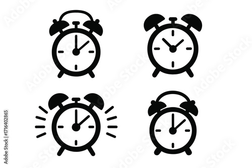 Alarm clock vector icon set in minimalist black silhouette style. Retro ringing clock illustration. Concepts for time management, morning wake up call, and deadline alert symbol.