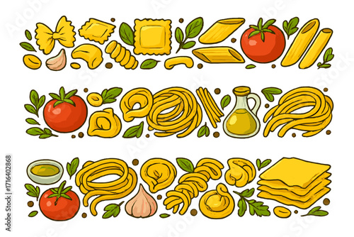 Italian pasta and ingredients vector set. Border collection of various pasta types, spaghetti, penne, ravioli, lasagna with tomato, basil, garlic, olive oil for menu design.