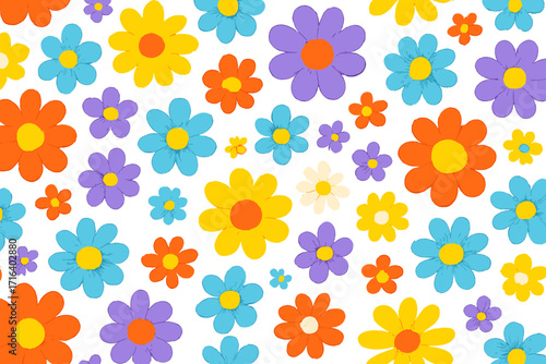 Seamless pattern with colorful groovy hippy flowers. Retro 70s 60s vibes. Abstract daisy and chamomile vintage nostalgia elements. Kids plasticine or clay texture vector.