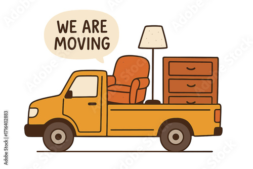 Moving day concept with a pickup truck full of furniture for relocation. Transporting belongings to a new home. We are moving lettering quote. Hand-drawn vector illustration.