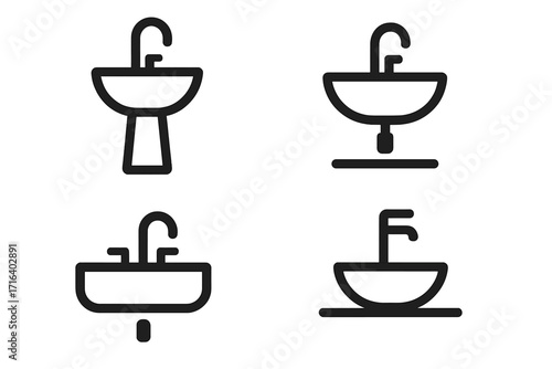 Bathroom sink icon set. Minimalist line art vector illustration for web design. Washbasin, lavatory, and faucet symbols. Plumbing and sanitary ware graphic elements. Hygiene pictogram collection.