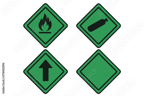 Non-flammable non-toxic gas hazard sign set with flame, gas cylinder, and arrow symbols, green diamond vector illustration, hazardous material warning icons, safety labels
