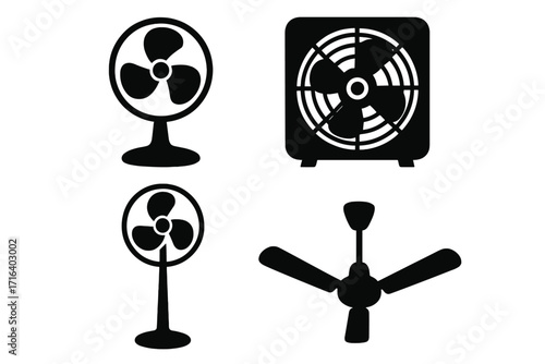 Fan silhouette vector icon set. Electric cooling and ventilation appliance collection. Minimalist black illustration of table fan, box fan, stand fan, and ceiling fan icons.