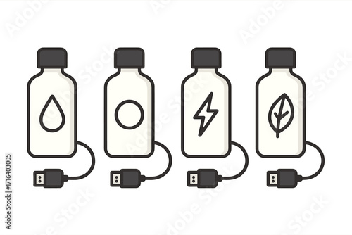 Metaphor of bottled energy sources with USB charger. Minimalist vector icon set of power concepts. Water drop, electricity bolt, and eco leaf symbols. Modern refillable resource design.