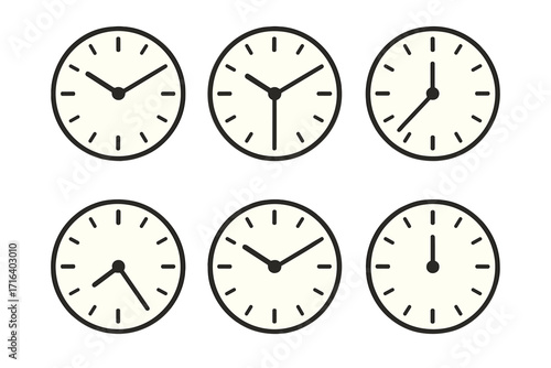 Minimalist clock icon set showing various times. Analog watch face collection. Simple round timer symbols for time management, schedule, deadline, or appointment concepts.