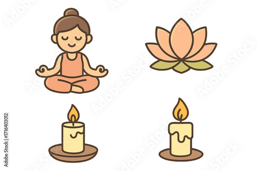 Peaceful yoga meditation icons set featuring lotus flower, burning candles, and serene sitting pose, calming vector cartoon illustrations with transparent background, wellness symbols