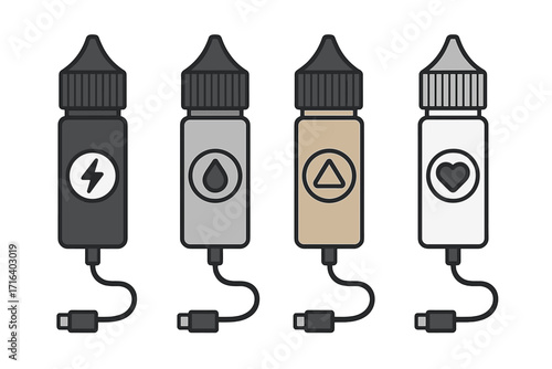 Smart water bottle set with USB charger. Minimalist reusable bottle with modern symbols. Vector cartoon illustration of sustainable tech gadget. Concept of hydration & eco.