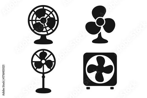 Set of black fan silhouettes in minimalist style. Vector icons of electric fans, table fan, stand fan, and box fan for cooling and air circulation. Ventilator collection.