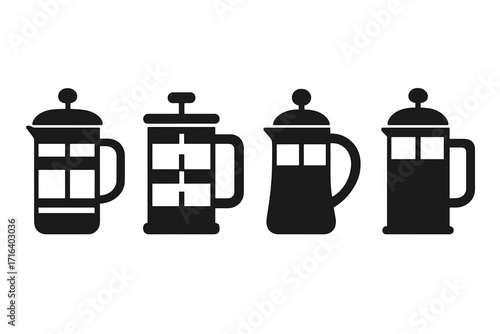 Coffee press icon set. French press silhouette collection for cafe decor. Minimalist vector cafetiere symbol for kitchen, barista logo. Coffee maker graphic illustration.
