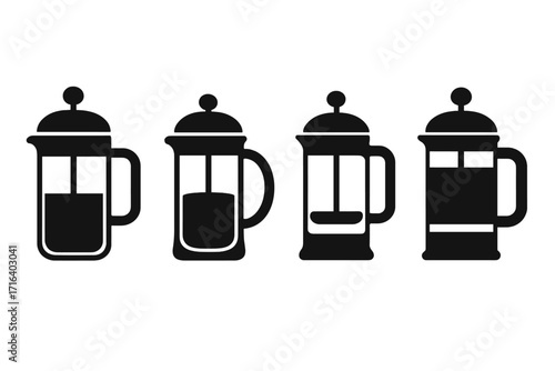 French press coffee maker brewing process icon set. Vector silhouette illustration of coffee press stages. Minimalist cafetiere plunger pot steps for kitchen and cafe decor.