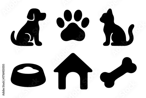 Pet care icons silhouette set with dog, cat, paw print, food bowl, dog house, bone in bold black, cartoon style vector illustration, transparent background, ordered collection