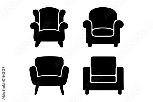 Set of armchair silhouette icons. Collection of furniture for interior design. Vector illustration of classic and modern chairs. Comfortable seating symbol for home decor.