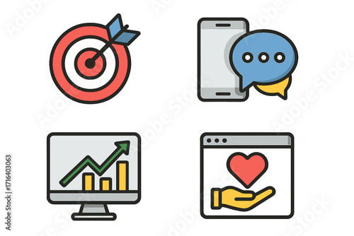 Digital marketing and SEO icon set with symbols for targeting, mobile communication, data growth, and customer engagement. Vector icons for business strategy and advertising.