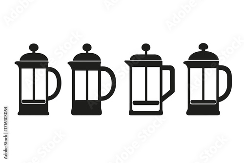 French press coffee maker icon set. Minimalist black silhouette vector collection for cafe menu or kitchen decor. Cafetiere plunger pot brew symbols for logo design.