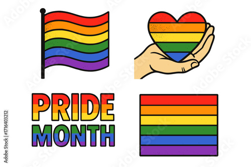 Pride Month vector icon set with rainbow flag and heart in hand. Trendy LGBTQ community celebration graphics. Gay, lesbian, bisexual and transgender rights concept illustration.