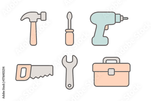 Tool icon set for repair and construction. Minimalist vector cartoon illustration of hammer, screwdriver, drill, saw, wrench, and toolbox. DIY home improvement concept.
