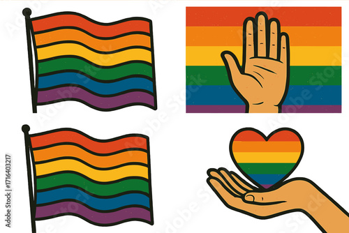Set of Pride Month vector icons. LGBTQ rainbow flag, heart in hand, and stop gesture. Concept for human rights, equality, love, and tolerance. Retro halftone illustration.