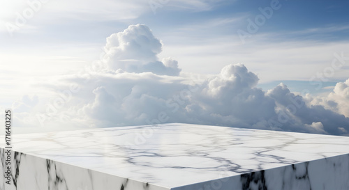 Abstract marble podium with soft clouds and bright sunlight in the sky