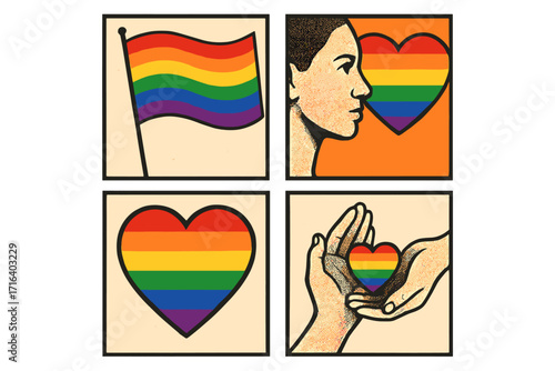 Set of aesthetic square posters for Pride Month. Retro halftone collage of LGBTQ rainbow flag, heart in hands. Human rights, equality, love, and tolerance vector concept.