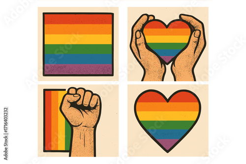 LGBTQ Pride Month poster set. Trendy halftone collage with rainbow flag, heart in hands, and raised fist. Vector for gay pride, human rights, love, tolerance, and community.
