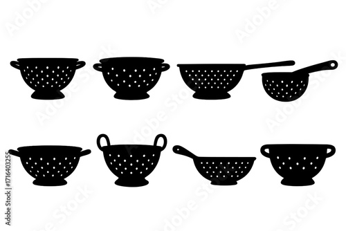 Colander silhouette collection. Kitchen strainer vector set. Various cooking utensils for draining pasta or washing vegetables. Cookware icons and food preparation clipart.