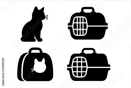 Set of pet carrier icons in bold silhouette style. Cat and travel kennels for animal transportation. Vector graphic elements for pet care, travel essentials, and vet concepts.