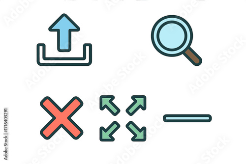 Vector interface icon set. UI UX design elements. Cartoon symbols for upload, search, expand, fullscreen, close, and minimize. Flat colorful web buttons for app navigation.