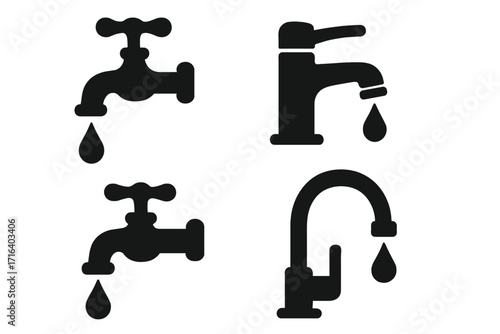 Silhouette collection of water taps with dripping droplets, various faucet designs, plumbing icons set, water conservation, vector cartoon illustration with transparent background