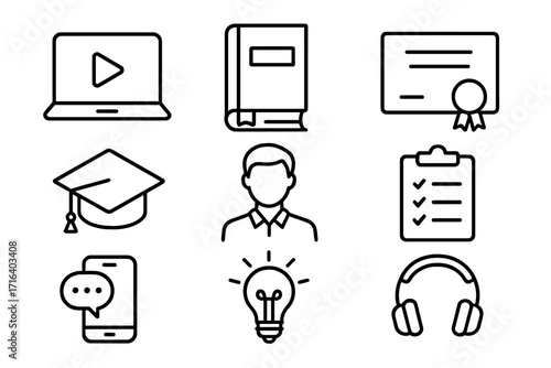 E-learning icon set. Online education, webinar, distance course concept icons. Laptop, book, diploma, graduation cap, student, test, idea. Vector linear pictograms.