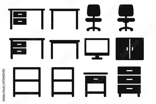 Silhouette desk collection minimalist office furniture icons set, vector cartoon illustration with transparent background, modern workspace elements, office chair, cabinet, computer monitor