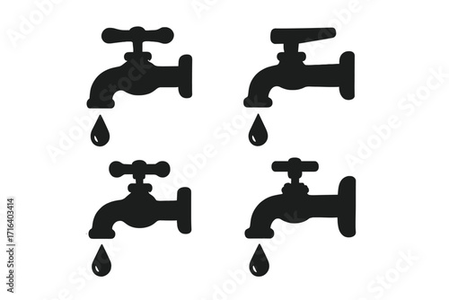 Silhouette water taps with dripping droplets collection, black faucet icons in various designs, vector cartoon illustration set, plumbing, water saving, dripping faucet symbols