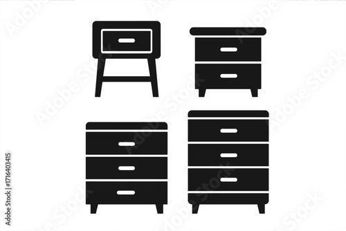 Minimalist silhouette desk collection, modern office furniture icons set with drawers and storage, black vector cartoon illustration, stylish workspace elements, transparent background