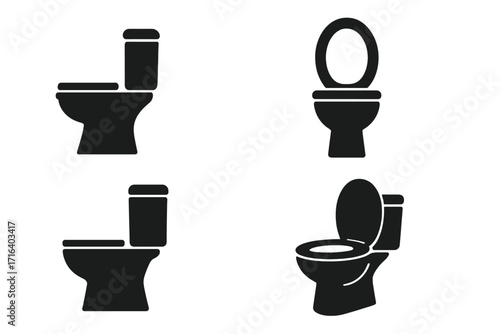 Toilet icon set black silhouettes in various angles. Vector cartoon illustration. WC, restroom, bathroom sign collection. Lavatory pictogram symbol for sanitary facilities.
