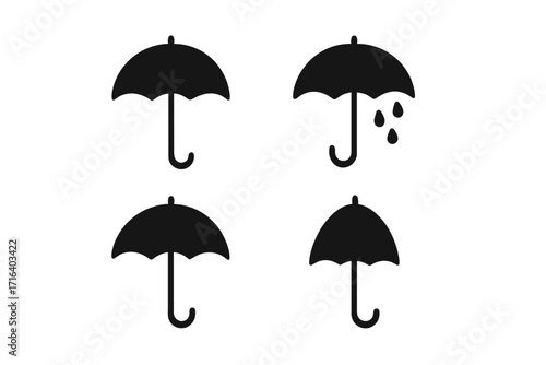 Set of black umbrella silhouette icons. Minimalist vector graphic symbol for weather forecast, rain protection, and waterproof concepts. Clean, simple design element collection.