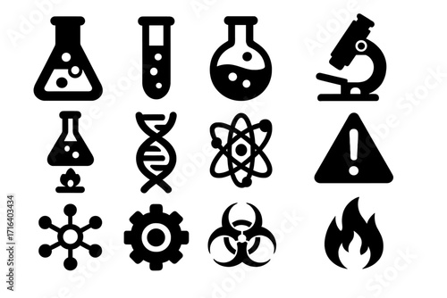 Science icons collection, lab equipment and symbols in bold silhouette style, vector cartoon illustration with transparent background, ordered set of laboratory tools and science concepts