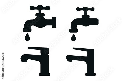Silhouette faucet icons set with dripping water and modern water taps, vector cartoon illustration, plumbing fixtures, water saving concept, transparent background, ordered collection