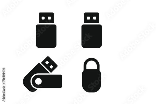 USB flash drive icon set in minimalist black silhouette style. Vector illustration for data storage, memory stick, and portable drive concepts. Technology gadget symbols.