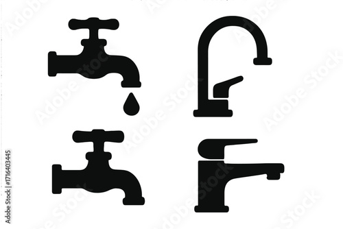 Silhouette faucet icons dripping and modern water tap set, vector illustration with transparent background, plumbing fixtures collection, water supply design elements