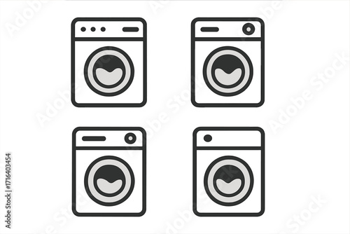 Washing machine icon set for home appliance and laundry service design. Minimalist vector cartoon illustration of washer symbols for web, UI, and infographics. Clean line art pictogram collection.