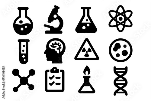 Science icons collection with lab equipment and symbols in bold silhouette style, cartoon vector illustration with transparent background, ordered set for education and research